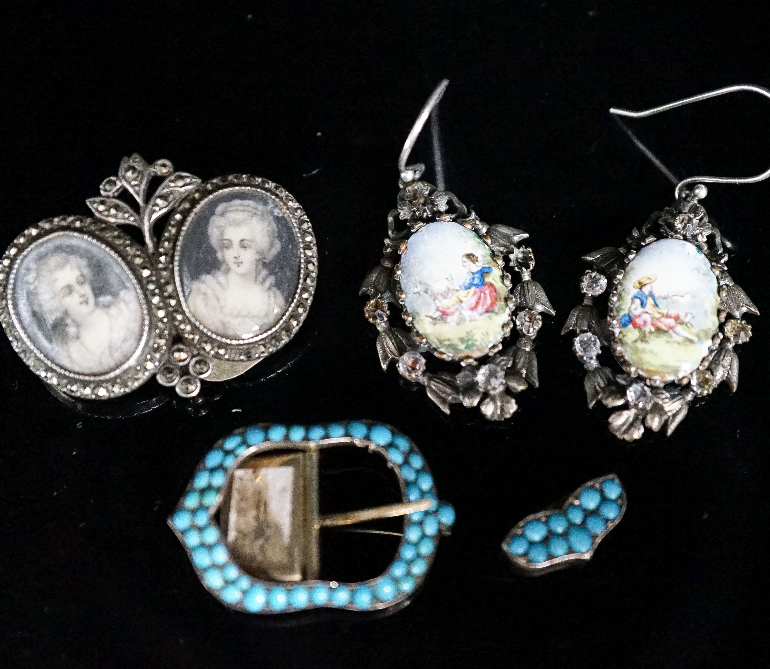 A pair of white metal, enamel and paste earrings, 34mm, a marcasite set double portrait brooch and a turquoise set buckle.